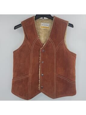 Vintage Genuine Suede Sherpa Lined Cowhide Leather Vest Rust Color Size M